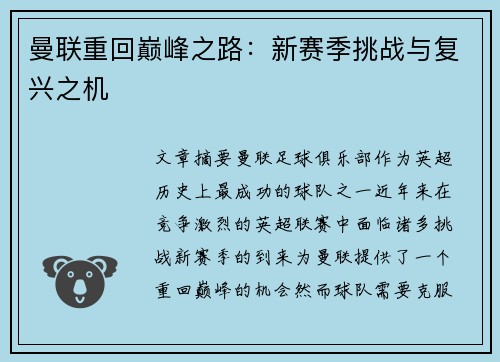 曼联重回巅峰之路：新赛季挑战与复兴之机