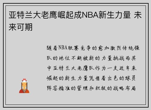 亚特兰大老鹰崛起成NBA新生力量 未来可期