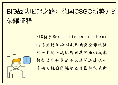 BIG战队崛起之路：德国CSGO新势力的荣耀征程